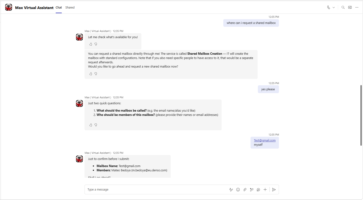 The agent guiding a user through requesting a shared mailbox