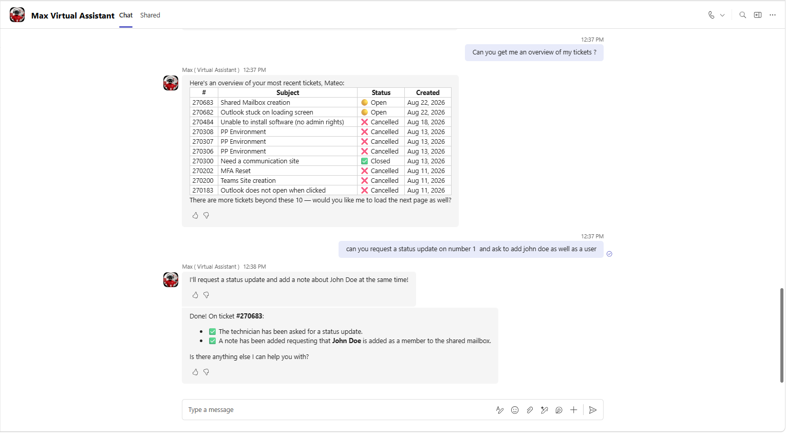 The agent showing a user an overview of their recent tickets and updating one