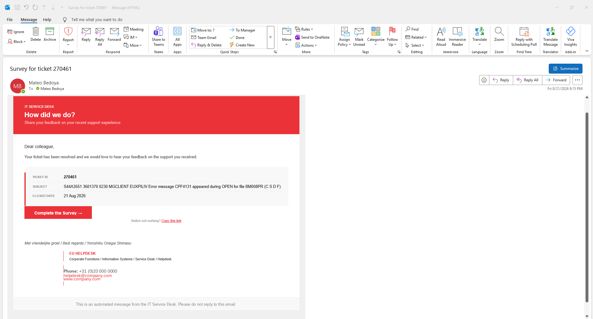 The survey email sent automatically after a ticket is closed