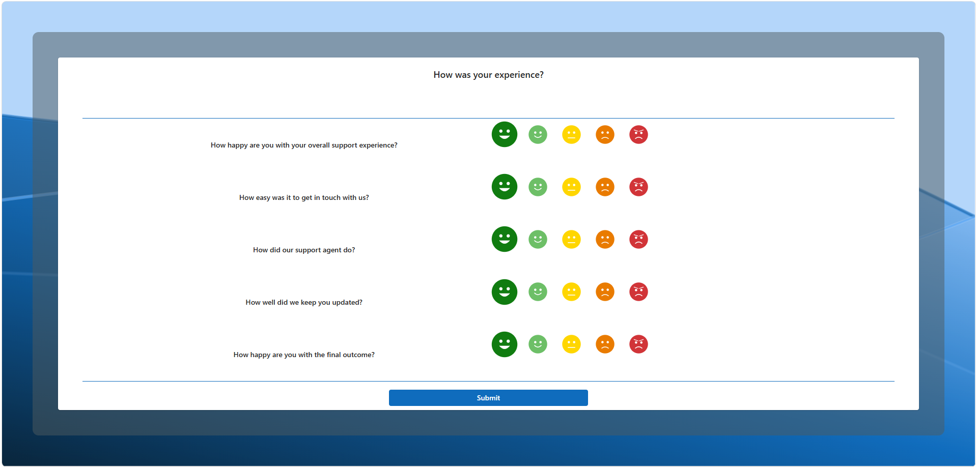 The five-question survey form users complete in one screen