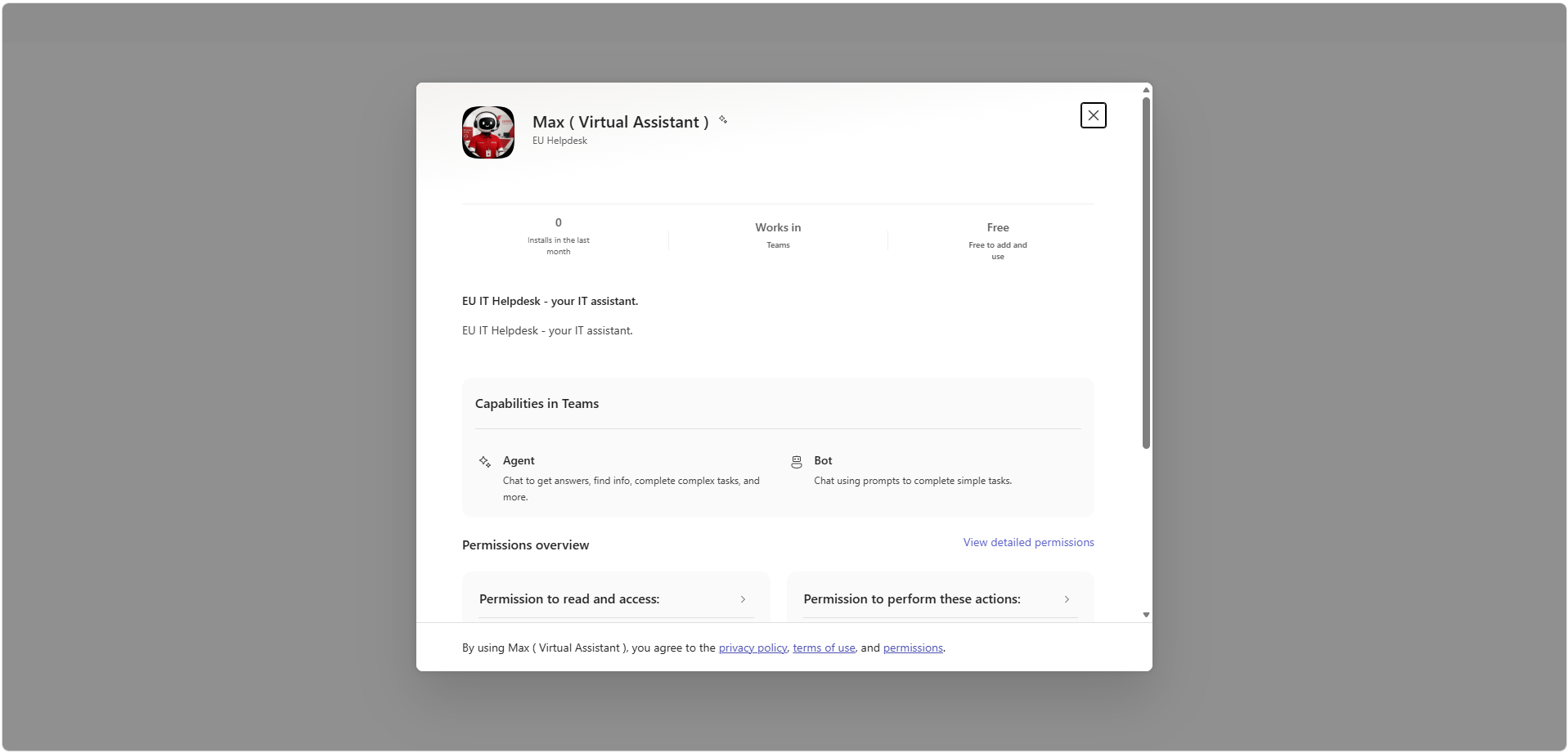 The agent's install card in Microsoft Teams with its capabilities and permissions