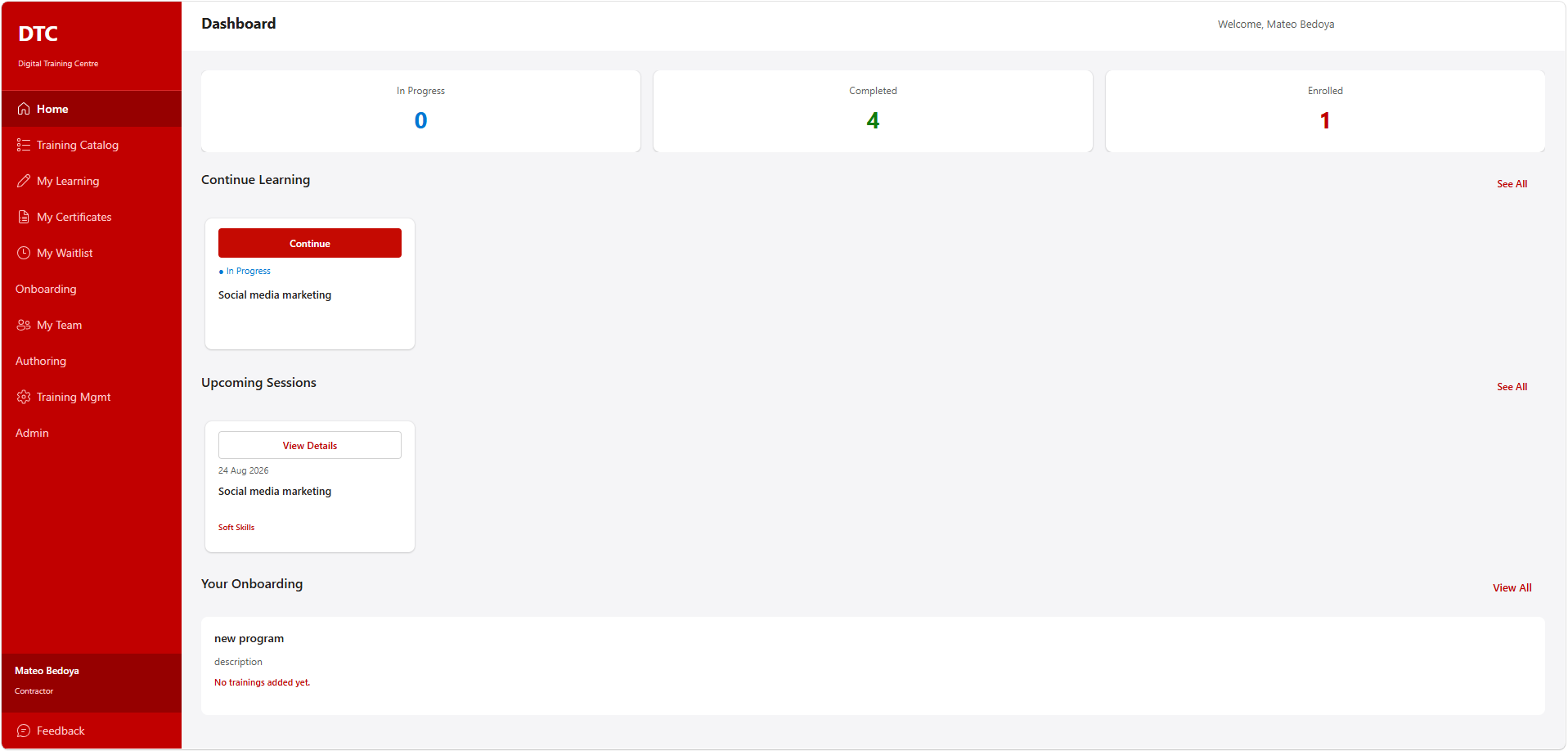 Training centre app interface