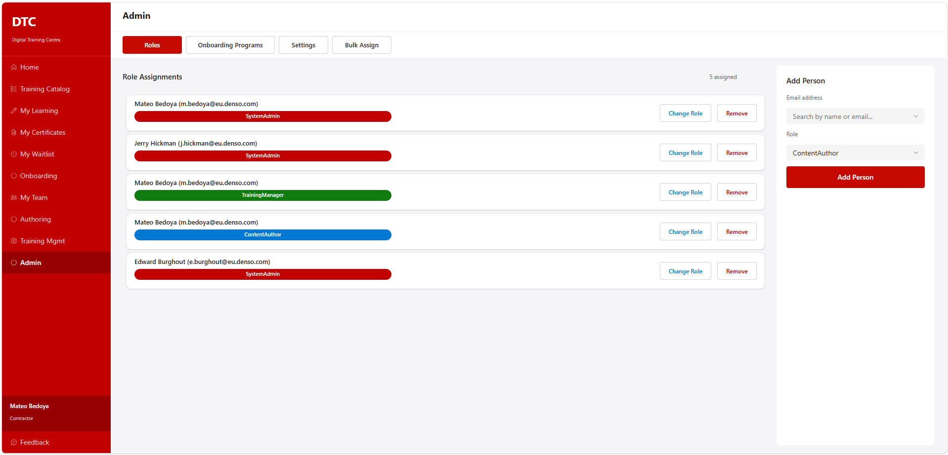 The admin screen managing role assignments, onboarding programmes and bulk assignment
