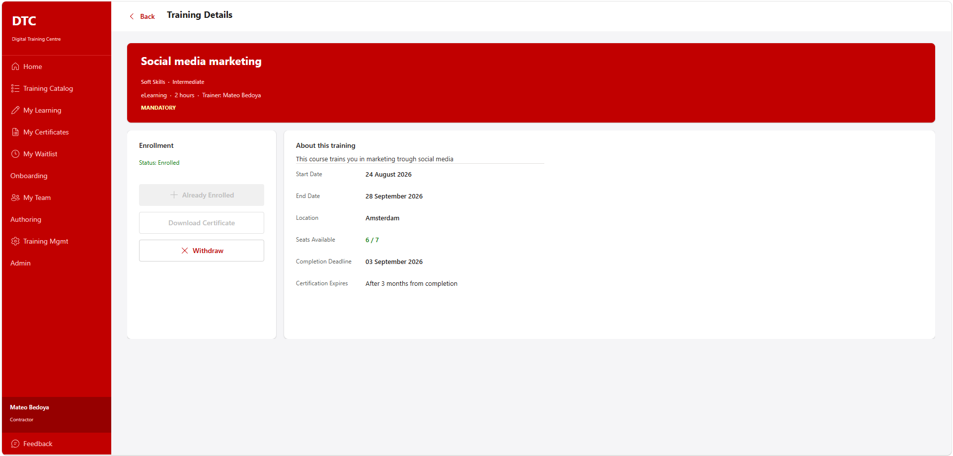 A training detail page showing enrolment status, dates, location, seats and completion deadline