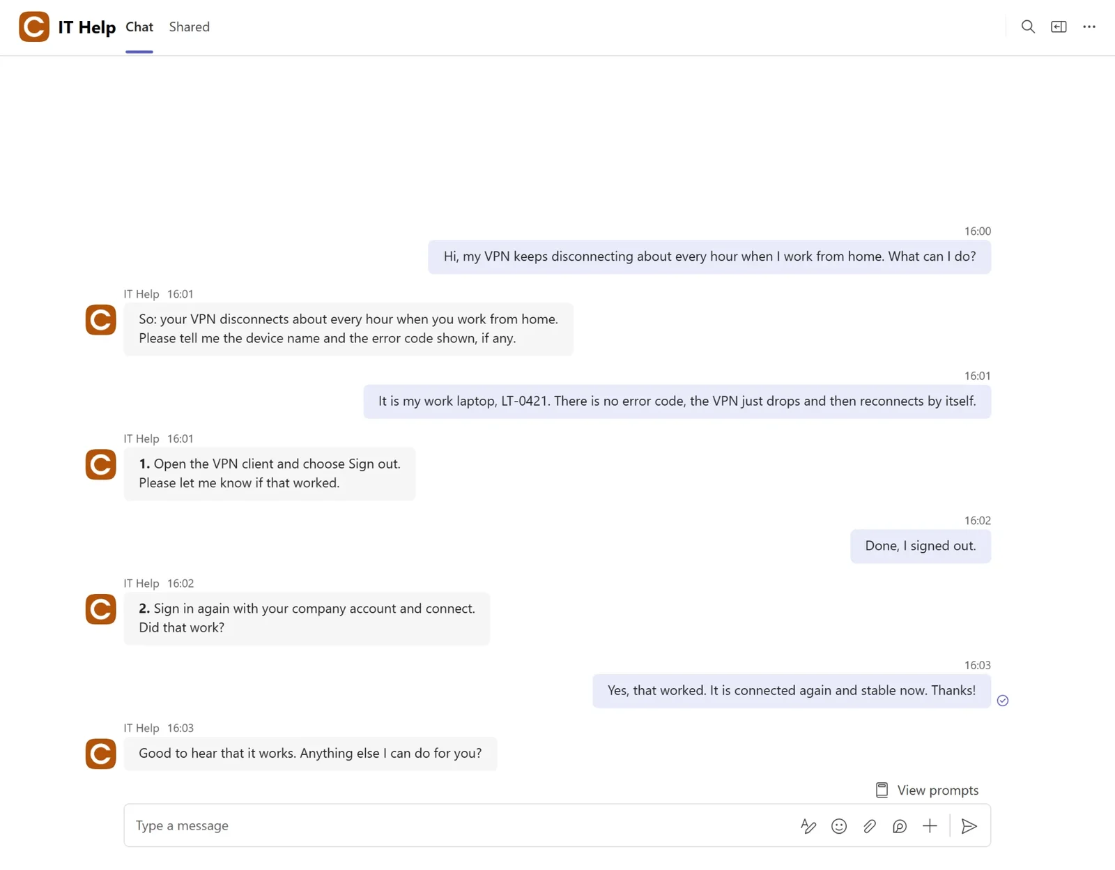 IT Help agent in Teams guiding a user step by step through a VPN fix from the knowledge base
