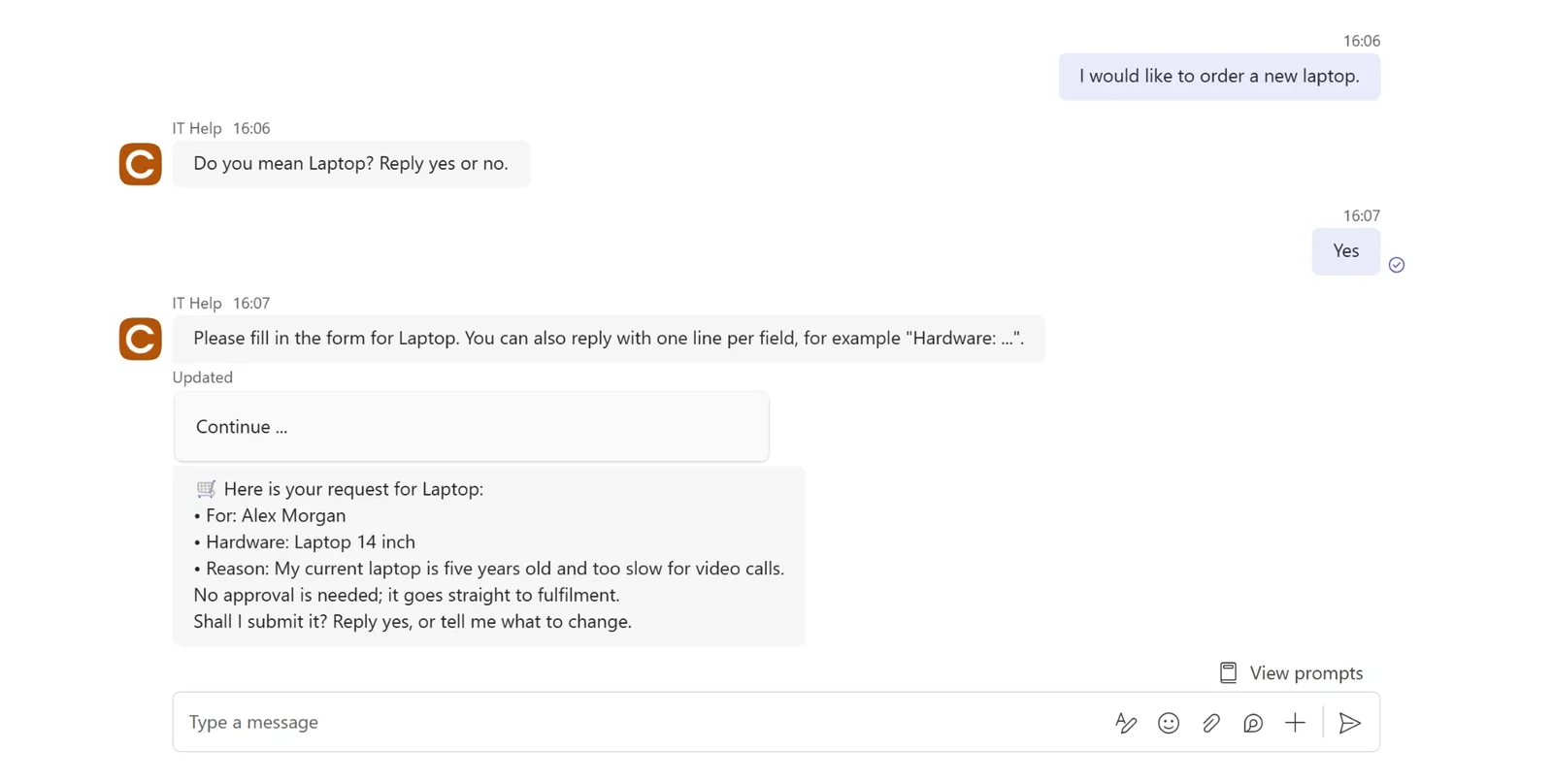 IT Help agent in Teams turning a request for a new laptop into a Service Shop request