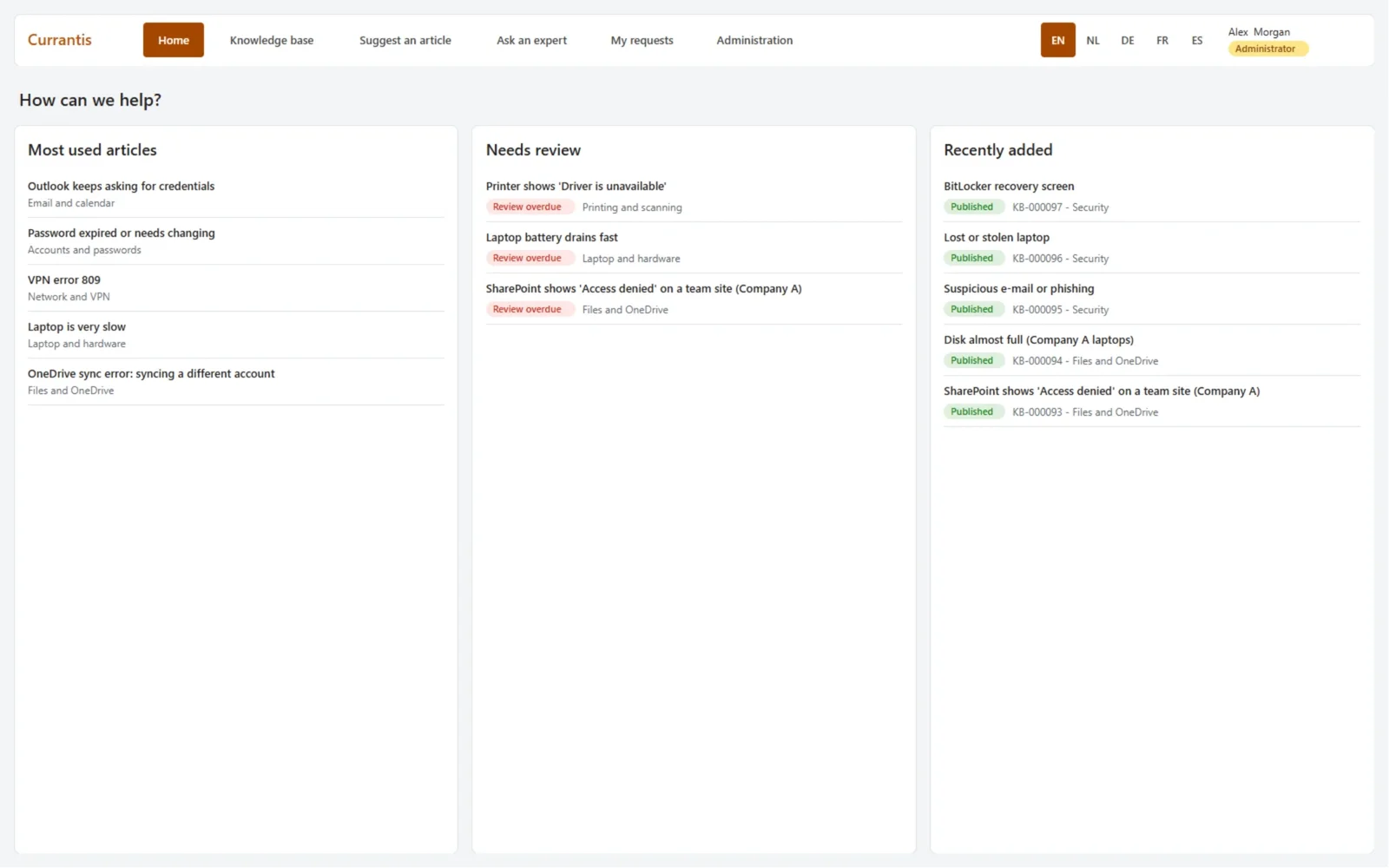 Knowledge Base home with most used articles, articles needing review and recently added