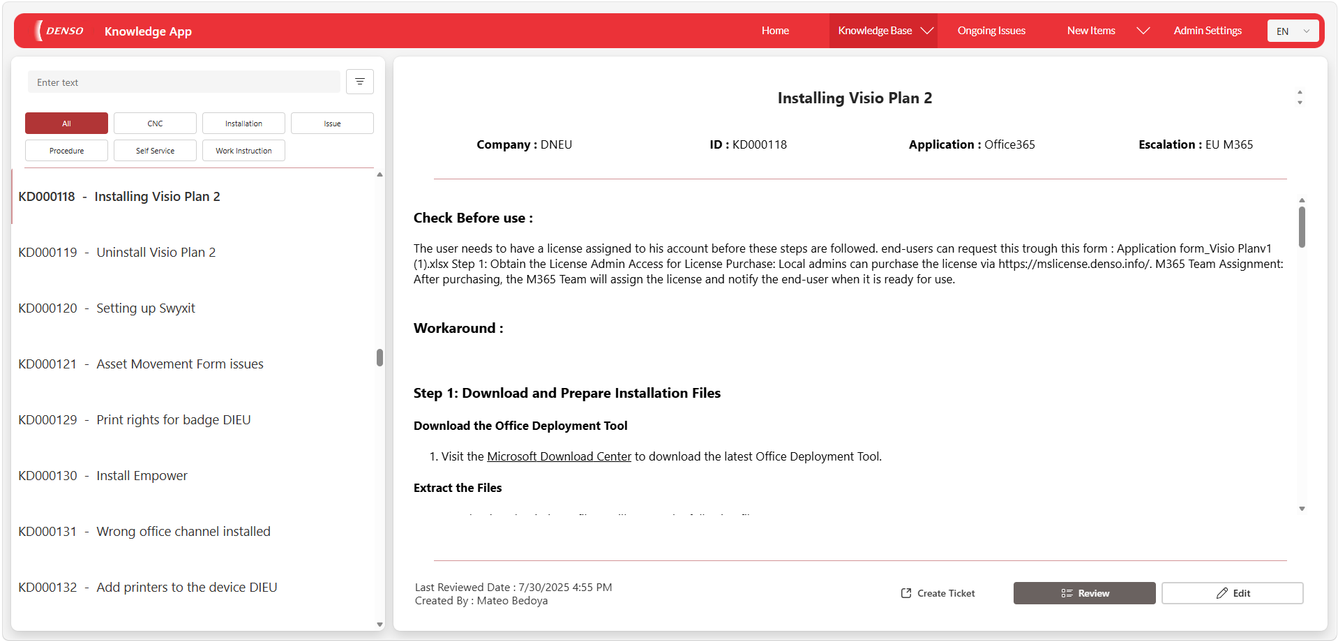 A knowledge article opened beside the filterable list of knowledge items